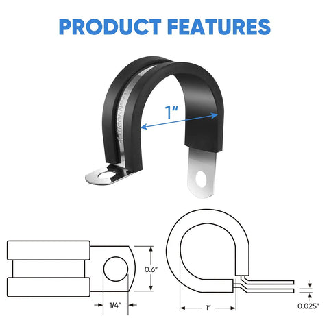 Beefy 24 Piece 1 Inch Cable Clamps With Rubber Cushioned 304 Stainless Steel Build, loop clamps technical diagram shown