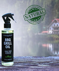 Plant Based BBQ Grill Cleaner Oil For Grates And Grills 8 Oz Vegan Safe Solvent Free Formula Cleans Grease bottle outdoors