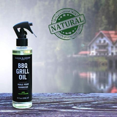 Plant Based BBQ Grill Cleaner Oil For Grates And Grills 8 Oz Vegan Safe Solvent Free Formula Cleans Grease bottle outdoors