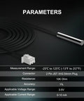 Diagram of 10K Temperature Sensor Probe Kit, waterproof 1 meter stainless steel NTC 3950 thermistor probes with measurement range and specs