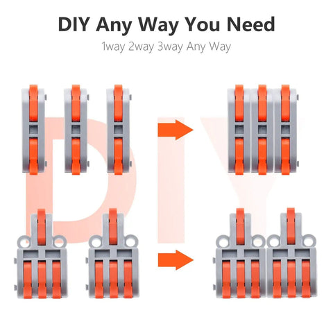 32 Piece Lever Wire Connector Kit for Quick Splicing, showing 1-way, 2-way, and 3-way configurations for DIY projects