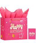 Pink Happy Birthday Gift Bag With Tissue Paper And Greeting Card For Party Medium Size Gift Bags For Men And Women Easy To Carry And Reuse Pink Hot Stamping Design 1 Pack Or 2 Pack Options
