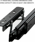 Close-up of Heavy Duty Table Extension Slides That Glide Like Silk Hella Smooth Ball Bearing Rails in black steel.