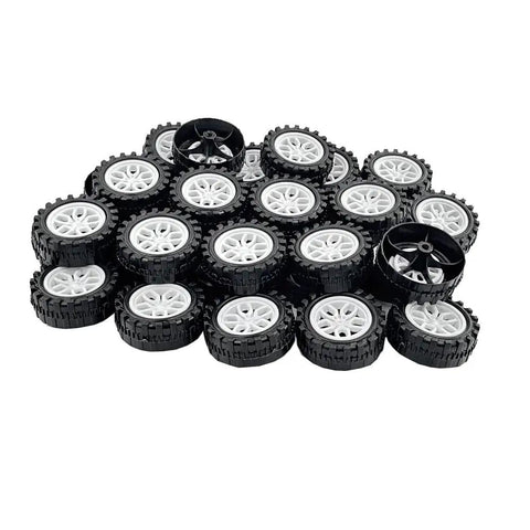 30 Piece Toy Car Wheel Set With 2Mm Shafts And 15 Metal Axles For RC Cars Trucks And DIY Robots Plastic Tire Wheels For Model Building Projects Great Replacement Parts For Hobbyists And Makers piled view