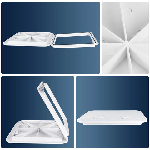 Heavy Duty ABS Marine Deck Hatch Built Tough For Weekend Warriors And Captain Crews Featuring Bullet Proof Rubber Weather Seal and Lockdown Recessed Handles Delivers In Pristine White from various angles.