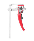 Heavy Duty Ratcheting Table Clamp Hardcore Rail Fixture For Woodworking and Rock Solid Material Stabilization Built With Premium Chrome Steel For Pro Shops, red handle detail.