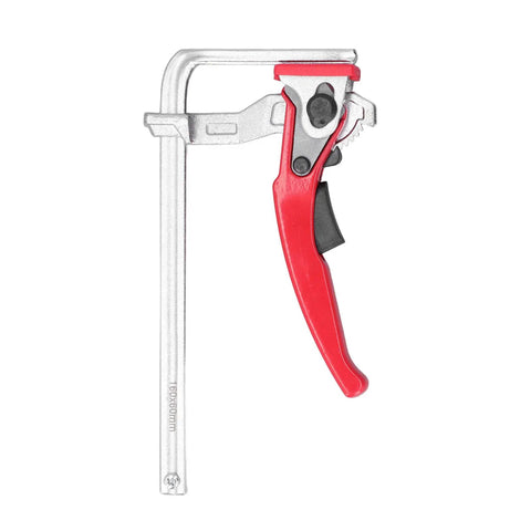 Heavy Duty Ratcheting Table Clamp Hardcore Rail Fixture For Woodworking and Rock Solid Material Stabilization Built With Premium Chrome Steel For Pro Shops, red handle detail.