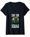 Womens V Neck T Shirt Featuring A Dope Tuk Tuk Rickshaw And Vintage Italian Scooter Graphic Lightweight Classic Fit Streetwear For Bangkok Adventures And Summer Road Trip Vibes with green tuk tuk graphic.