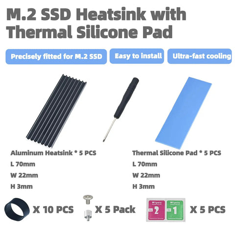 Five Pack NVMe SSD Heat Sink Cooler For 2280 M2 Drives With Aluminum Fin Design And Thermal Silicone Pads To Maximize Cooling For Desktop PCs And Workstations Compatible With Single And Double Sided 2280 SSDs Black, heatsink kit parts