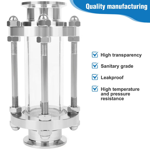 Front view of in-line sight glass, 1.5 inch tri-clamp, sanitary stainless steel, 38 mm OD