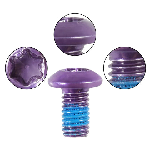 Close-up of 12 Pack Bicycle Disc Brake Bolts M5x10mm Stainless Steel Screws With T25 Wrench Purple Dope For MTB Rotor Hardware Rustproof And Strong Braking Performance