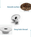 Two Pack Round Stainless Steel Cabinet Knobs With Top Tier Leopard Print Design showing smooth surface and deep hole thread.