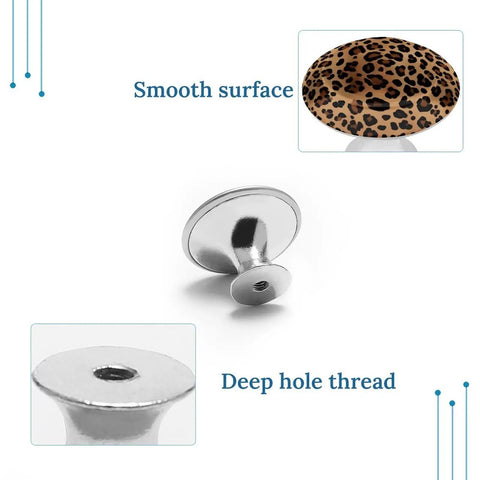 Two Pack Round Stainless Steel Cabinet Knobs With Top Tier Leopard Print Design showing smooth surface and deep hole thread.