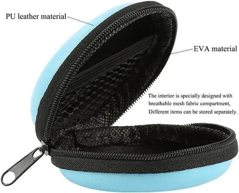 Portable Round Zippered Tech Case For Earphones USB Cables And Hard Drive Hella Durable Eva Shell with mesh compartment.