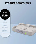 Dual Battery Charger For Flip Drone Battery With 45W Display And Parallel Charging Hub showing input and output specifications