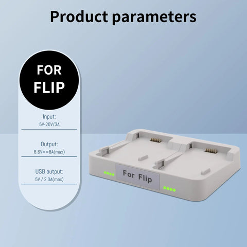 Dual Battery Charger For Flip Drone Battery With 45W Display And Parallel Charging Hub showing input and output specifications