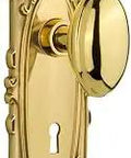 Old School Victorian Plate With Keyhole Homestead Knob Privacy Door Hardware Set for One Door 2.75 Inch Backset Unlacquered Brass