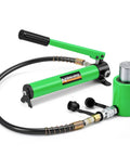Newhai 20-ton hydraulic porta power kit with green hydraulic ram, hand pump, and hose (front view)
