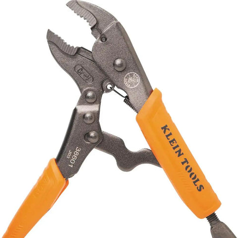 Close-up of orange-handled locking pliers with curved jaw, part of Locking Pliers Set Three Piece Long Nose 6 Inch Curved Jaw 7 Inch And 10 Inch Heavy Duty High Torque Mole Grips For Clamping And Gripping Pinch Free Quick Release All Day Comfort.