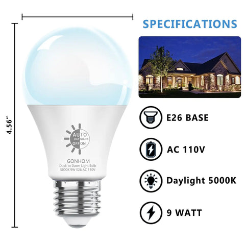 Dusk To Dawn Outdoor LED Light Bulbs 2 Pack 5000K Daylight 720 Lumens 9W 60W Equivalent A19 E26 with house illustration.