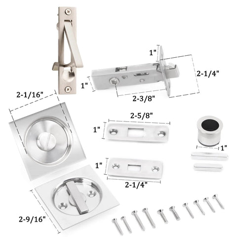 Privacy Pocket Door Lock With Pull In Stainless Steel 304, complete hardware set with flush handles and brushed nickel finish.