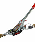 Side view of come-along winch with red handle, steel frame, 12 ft steel cable and three hooks