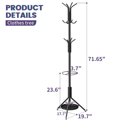 Freestanding Coat Rack With 12 Hooks And Umbrella Holder For Entryway Or Hallway Sturdy Metal Tree Stand In Black
