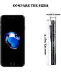 Comparison of 1000 Lumen LED Pen Light Flashlight Pocket Torch with smartphone, highlighting size and dimensions.