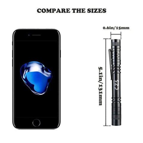 Comparison of 1000 Lumen LED Pen Light Flashlight Pocket Torch with smartphone, highlighting size and dimensions.