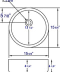 Technical diagram of 16-Inch Round Ceramic Above Mount Bathroom Basin Sleek Modern Sink with dimensions and rear center drain.