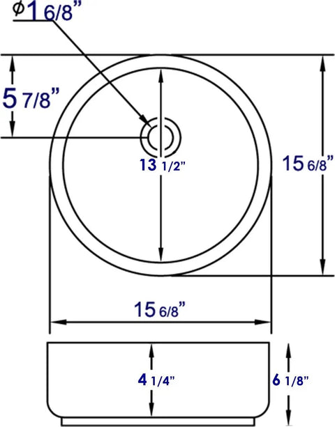 Technical diagram of 16-Inch Round Ceramic Above Mount Bathroom Basin Sleek Modern Sink with dimensions and rear center drain.