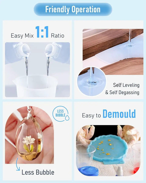 2 Gallon Crystal Clear Epoxy Resin Kit Pro Grade All In One Studio Set shown mixing, self leveling, and craft mold use