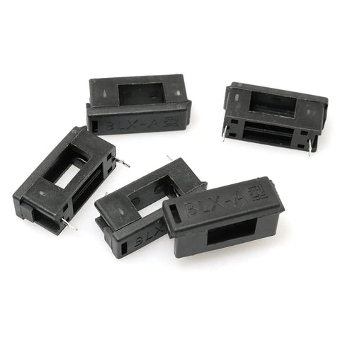 30 Pack 5x20mm PCB Mount Fuse Holders With Cover, Black Plastic Fuse Seats For 250V 10A Circuits, model BLX-A, shown in black.