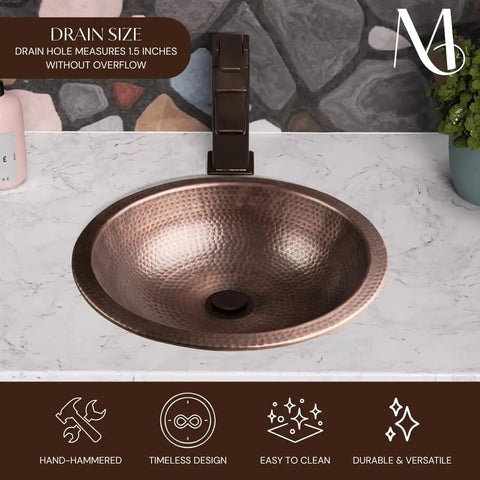 16 Inch Rotunda Copper Vanity Sink Hand Hammered Dual Mount Undermount Or Drop In For Bathroom Countertop Powder Room Restroom Durable Heavy Gauge Copper Craftsmanship shown in a bathroom setup.