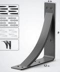 Beefy Steel Shelf Brackets For Heavy Duty DIY Shelving 9x12x4 Inch 1 Quarter Inch Natural Steel Black Hand Welded Brackets