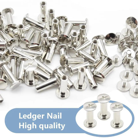 Pro Level Chicago Screws M5x15mm 100 Pack Heavy Duty Bookbinding Rivets Nickel Silver Stud Post Hardware Smooth Flat Head Fasteners scattered in a pile.