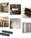 Eight Piece Stainless Steel Mending Plates 4 Inch Square Corner Brackets With Matching Screws For Heavy Duty Furniture Repair And Quick Fixes, shown with furniture.