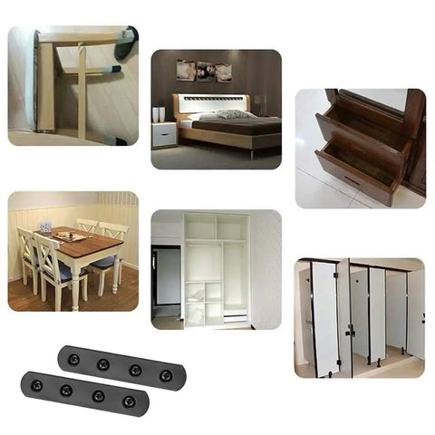 Eight Piece Stainless Steel Mending Plates 4 Inch Square Corner Brackets With Matching Screws For Heavy Duty Furniture Repair And Quick Fixes, shown with furniture.