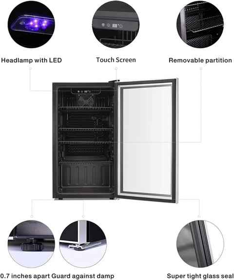 26 Bottle Wine Cooler And 130 Can Beverage Refrigerator With Clear Glass Door Quiet Compressor Adjustable Temperature Freestanding Indoor Bar Fridge 3.2 Cu Ft Black with open glass door showing shelves, LED light, and control panel.