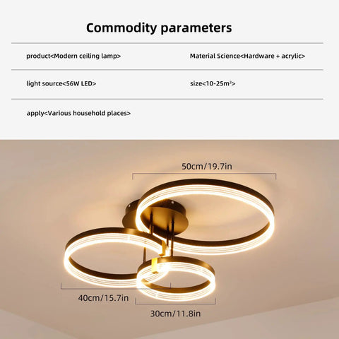 Modern LED Ceiling Light With Remote Control, Dimmable Acrylic Ring Chandelier, Two Ring Black Flush Mount, three-ring design
