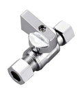 Heavy Duty Solid Brass Quarter Turn Angle Stop Valve 2 Pack 3/8 Inch Fip To 3/8 Compression Chrome Plated Lead Free Smooth Shut Off Operation For Sink And Toilet close-up view of valve handle and fittings