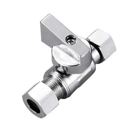 Heavy Duty Solid Brass Quarter Turn Angle Stop Valve 2 Pack 3/8 Inch Fip To 3/8 Compression Chrome Plated Lead Free Smooth Shut Off Operation For Sink And Toilet close-up view of valve handle and fittings