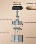 Top Shelf 58mm Espresso Tamper And Coffee Distributor Leveler Set featuring aluminum and stainless steel components, detailed assembly view.