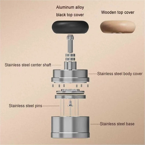 Top Shelf 58mm Espresso Tamper And Coffee Distributor Leveler Set featuring aluminum and stainless steel components, detailed assembly view.