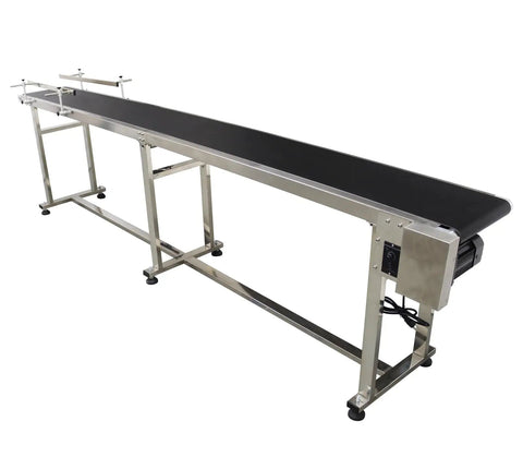 Industrial Drive Conveyor Belt With Adjustable Speed, Flat Black PVC Belt 15.7 By 118 Inches, Stainless Steel Frame, 110V 250W Electric