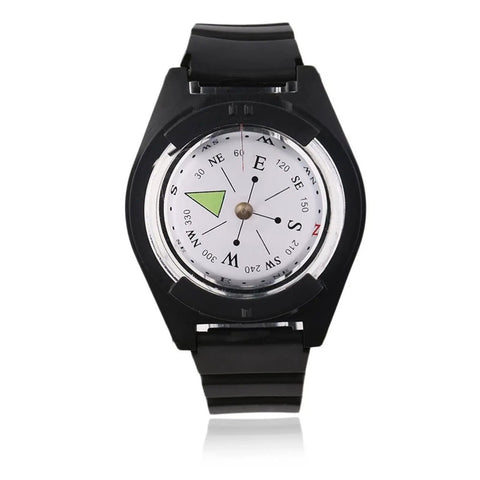 Wrist Compass For Outdoor Adventure And Hiking Gear Must Have Lightweight Survival Tool For Camping Fishing And Hunting Black Band Navigator Accessory Simple Readable Directional Tool For Explorers close-up.