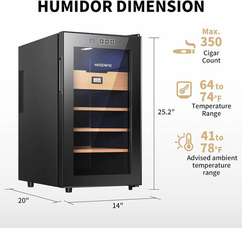 48L Electric Cigar Humidor Cabinet With Cooling And Heating Temperature Control, Holds 300 Cigars, Spanish Cedar Shelves, Dimensions