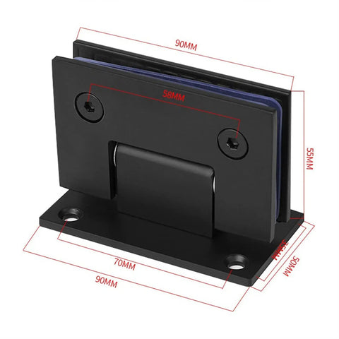 Heavy Duty Hella Sturdy Glass Door Hinges With Scratch Shield Rubber Stops For Frameless Shower Doors 90 Degree Pivot Clamps For 8 To 12Mm Tempered Glass No Sweat Setup scale dimensions shown