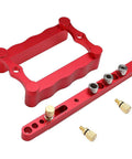 Self Centering Doweling Jig For Woodworking Drill Guide With 1/4 Inch, 5/16 Inch, And 3/8 Inch Positioner Locators, Edge Drilling And Even Hole Spacing, Pro Grade Punch Jig, Red Wave Hardware, shown in red components on a white background.