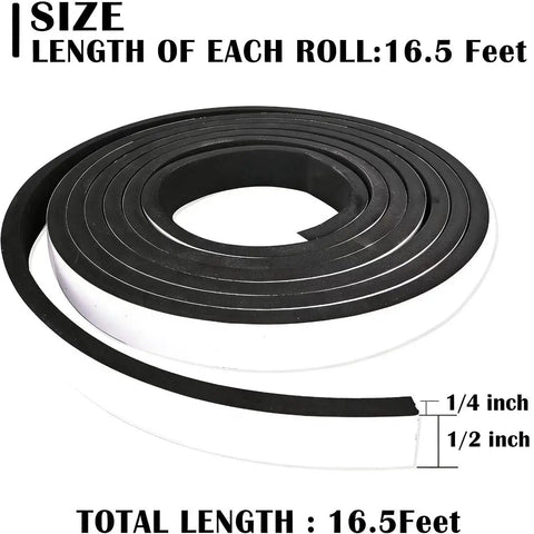 Knock Out Those Pesky Drafts With 1/2 Inch Wide 1/4 Inch Thick Single Sided Foam Tape, Closed Cell Weather Stripping For Doors And Windows, Flexible And Easy To Cut At 16.5 Feet Long in a rolled view.